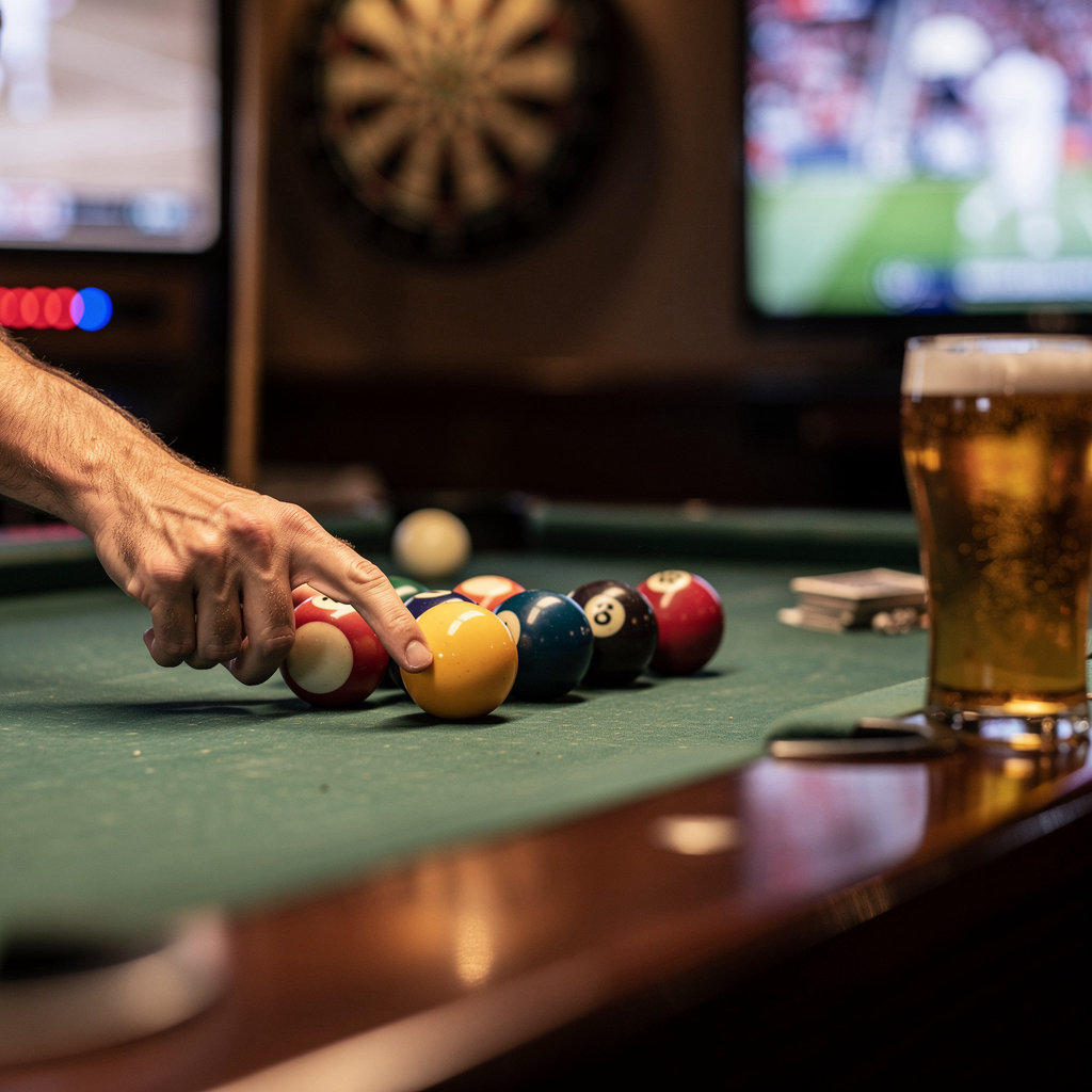 De La Vina Lounge games and entertainment area with pool table and sports viewing TVs in Santa Barbara